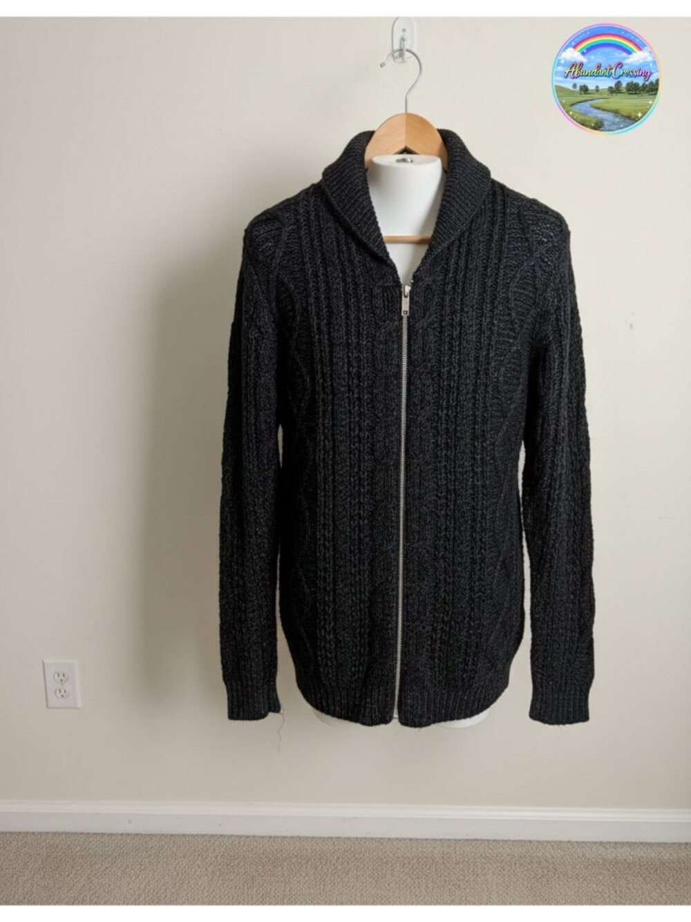 Mens Cable Knit Zip Up Cardigan Sweater with Shawl Collar